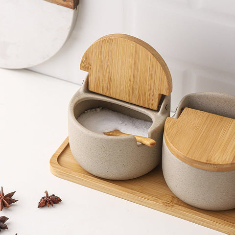 Bamboo and Ceramic Japanese Seasoning Jar Set with Wood Lid - The unKAGEd Shop