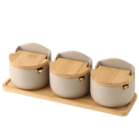 Bamboo and Ceramic Japanese Seasoning Jar Set with Wood Lid - The unKAGEd Shop