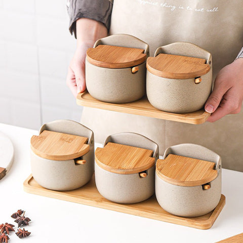 Bamboo and Ceramic Japanese Seasoning Jar Set with Wood Lid - The unKAGEd Shop