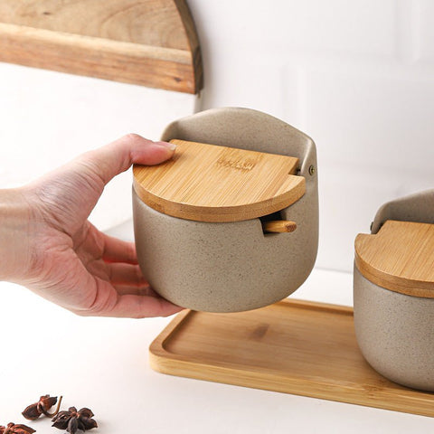 Bamboo and Ceramic Japanese Seasoning Jar Set with Wood Lid - The unKAGEd Shop