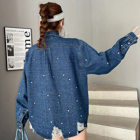 Heavy industry hot diamond denim jacket, women's washed retro loose top - The unKAGEd Shop