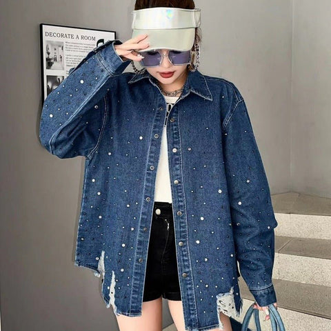 Heavy industry hot diamond denim jacket, women's washed retro loose top - The unKAGEd Shop