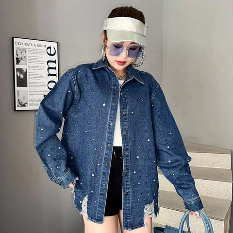 Heavy industry hot diamond denim jacket, women's washed retro loose top - The unKAGEd Shop