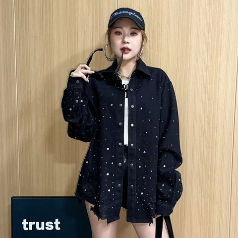 Heavy industry hot diamond denim jacket, women's washed retro loose top - The unKAGEd Shop